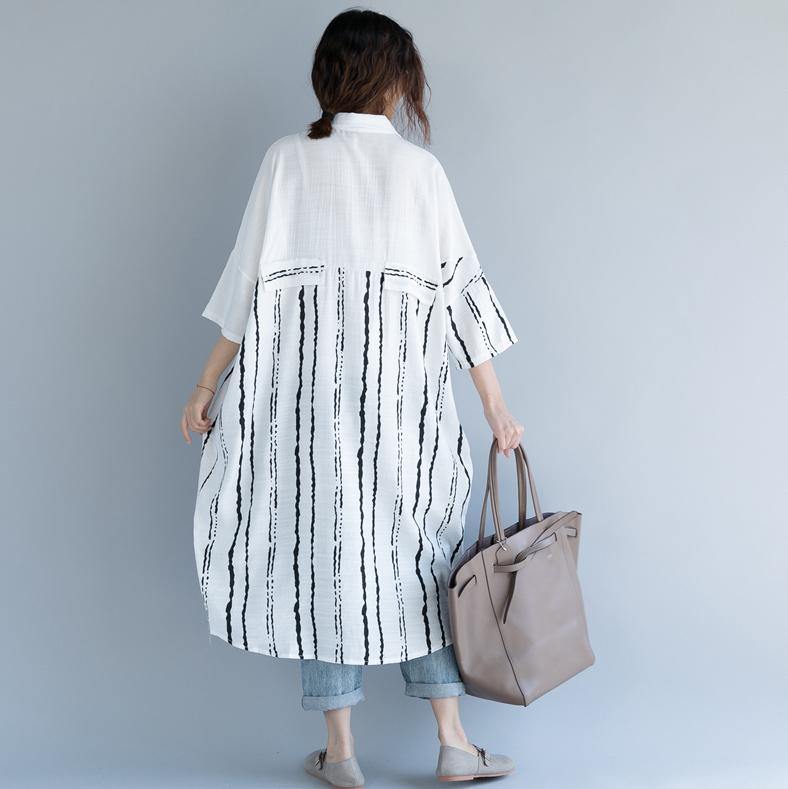 White Cotton Dress Clothing Dresses Bracelet Sleeved Patchwork Turn-down Collar Striped Cotton Dresses