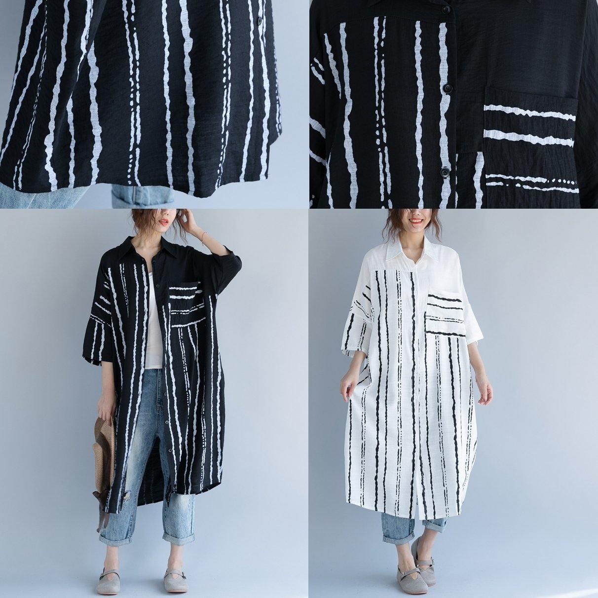 White Cotton Dress Clothing Dresses Bracelet Sleeved Patchwork Turn-down Collar Striped Cotton Dresses