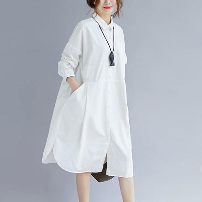 White Cotton Shirt Dress Traveling Clothing Long Sleeve Pockets Side Open Turn-down Collar Cotton Shirt Dress