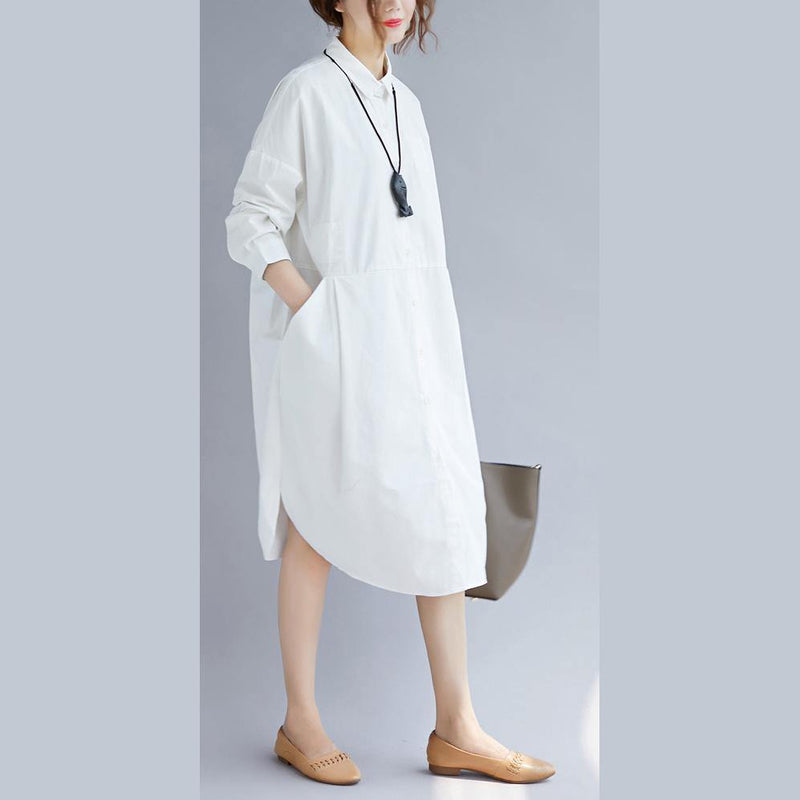 White Cotton Shirt Dress Traveling Clothing Long Sleeve Pockets Side Open Turn-down Collar Cotton Shirt Dress