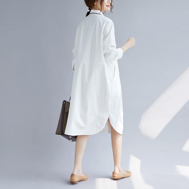 White Cotton Shirt Dress Traveling Clothing Long Sleeve Pockets Side Open Turn-down Collar Cotton Shirt Dress