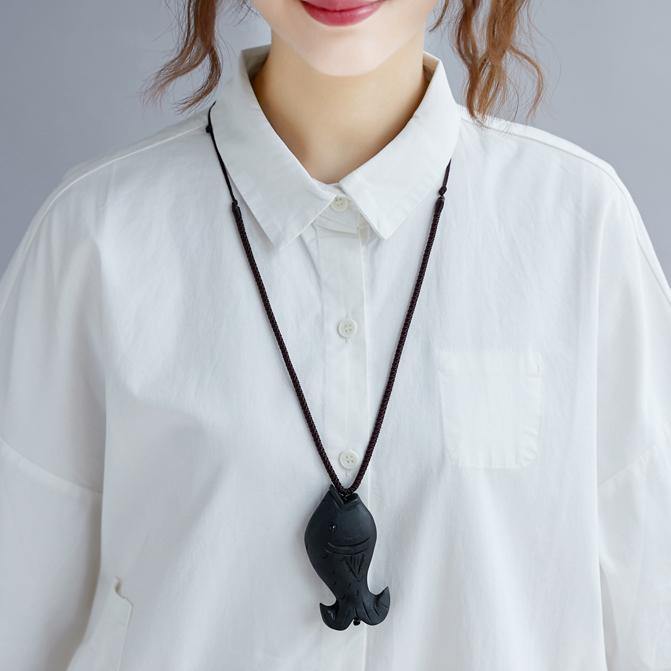 White Cotton Shirt Dress Traveling Clothing Long Sleeve Pockets Side Open Turn-down Collar Cotton Shirt Dress