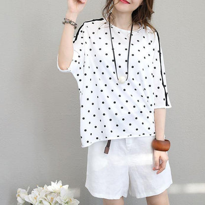 White Cotton Tops Shirts Fine Batwing Sleeve Dotted Cotton Tops