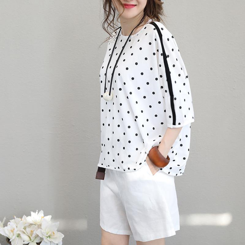 White Cotton Tops Shirts Fine Batwing Sleeve Dotted Cotton Tops