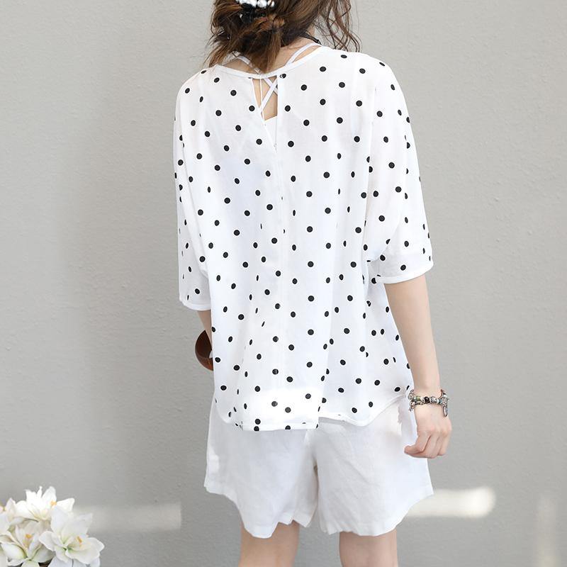 White Cotton Tops Shirts Fine Batwing Sleeve Dotted Cotton Tops