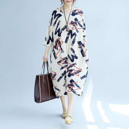 White Linen Shift Dresses Linen Maxi Dress Fine Bracelet Sleeve Alphabet Prints Linen Clothing Dress