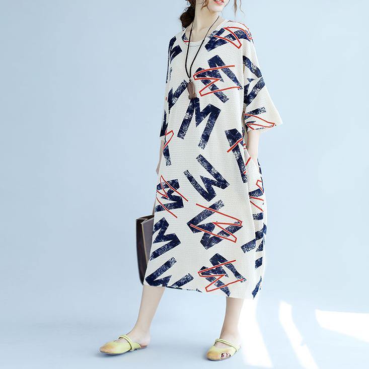 White Linen Shift Dresses Linen Maxi Dress Fine Bracelet Sleeve Alphabet Prints Linen Clothing Dress
