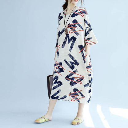 White Linen Shift Dresses Linen Maxi Dress Fine Bracelet Sleeve Alphabet Prints Linen Clothing Dress