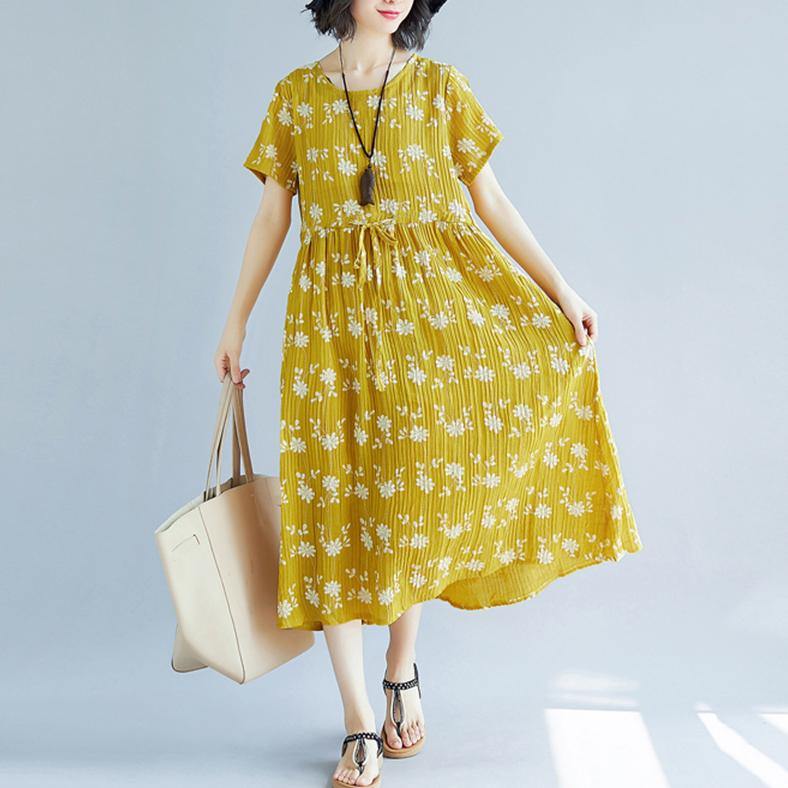Yellow Cotton Blended Shift Dresses Oversize Clothing Dress New Short Sleeve Print Drawstring Clothing Dress