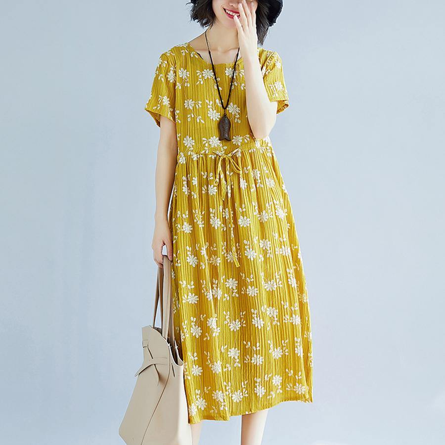 Yellow Cotton Blended Shift Dresses Oversize Clothing Dress New Short Sleeve Print Drawstring Clothing Dress