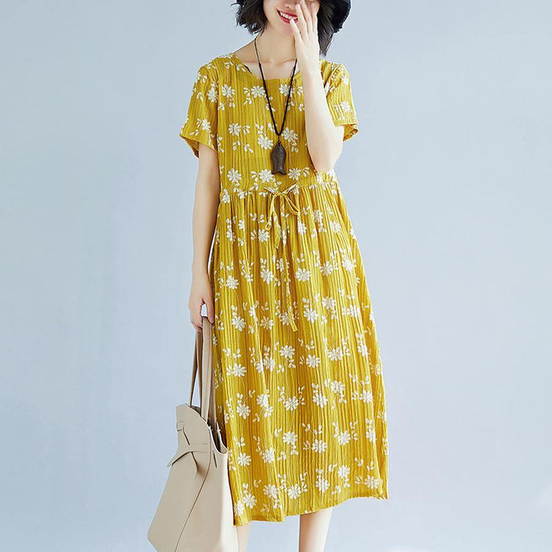 Yellow Cotton Blended Shift Dresses Oversize Clothing Dress New Short Sleeve Print Drawstring Clothing Dress