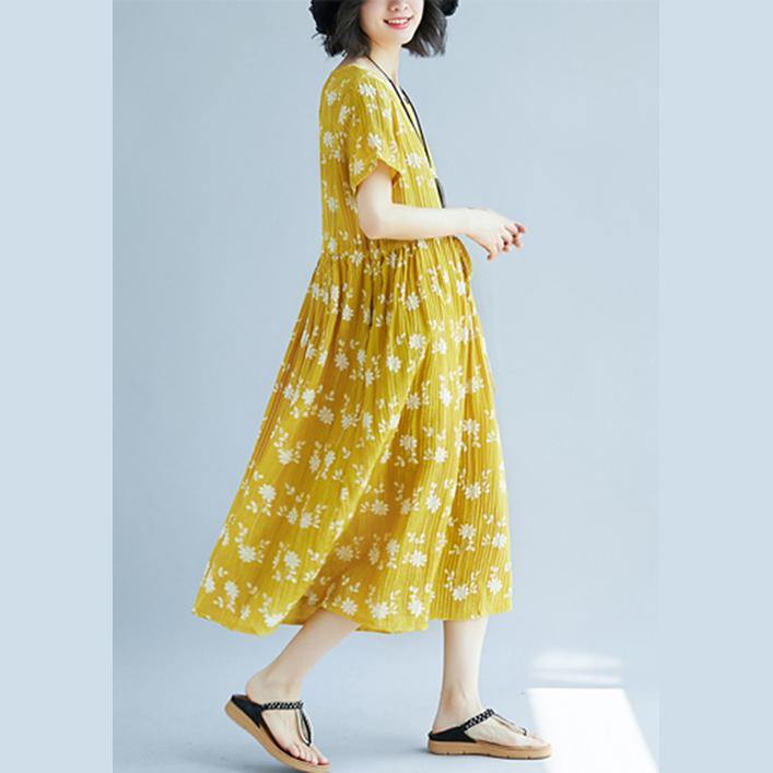 Yellow Cotton Blended Shift Dresses Oversize Clothing Dress New Short Sleeve Print Drawstring Clothing Dress