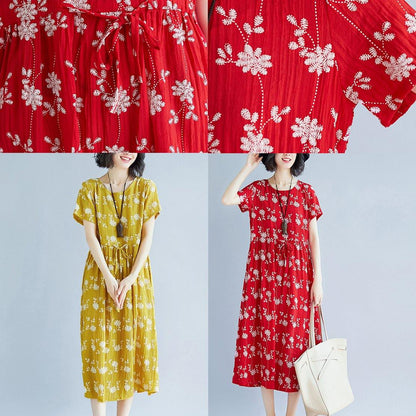 Yellow Cotton Blended Shift Dresses Oversize Clothing Dress New Short Sleeve Print Drawstring Clothing Dress