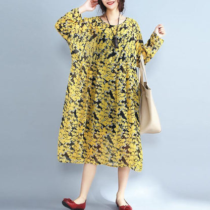 Yellow Natural Chiffon Dress Loose Fitting O Neck Traveling Dress