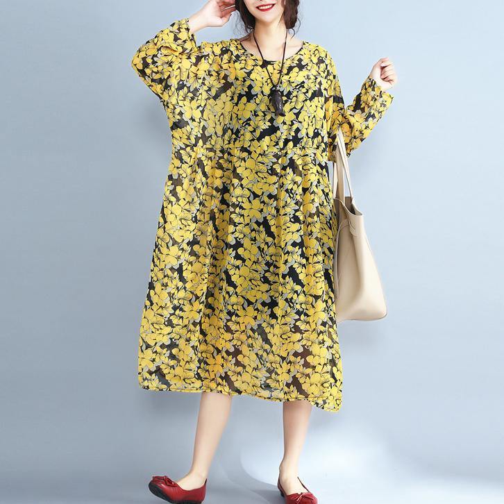 Yellow Natural Chiffon Dress Loose Fitting O Neck Traveling Dress