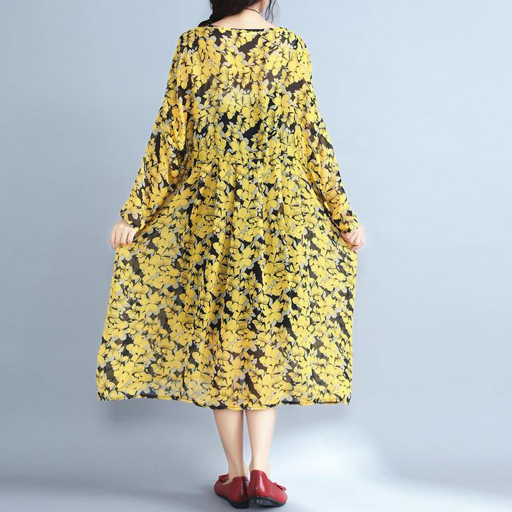 Yellow Natural Chiffon Dress Loose Fitting O Neck Traveling Dress