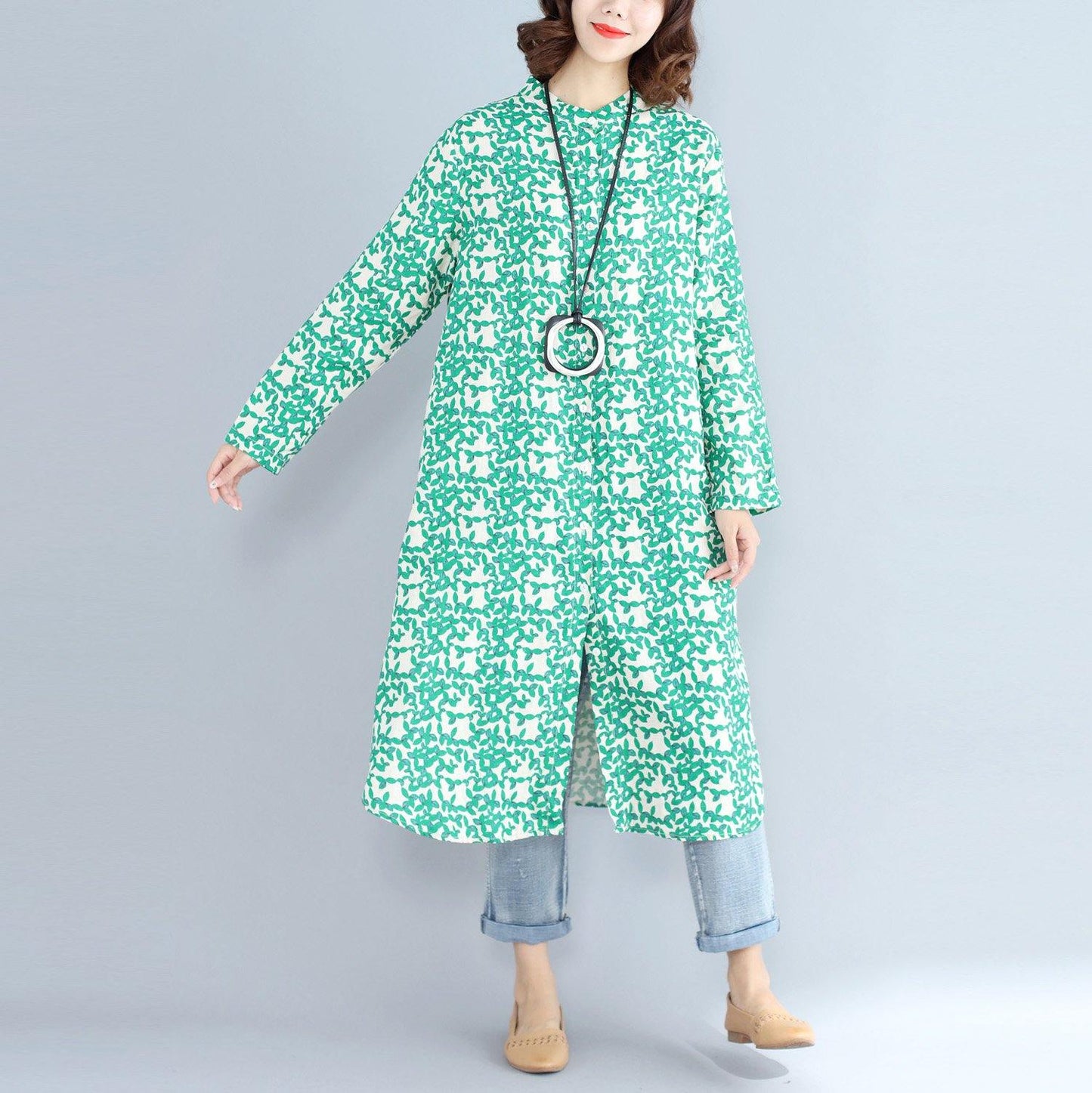 2018green Print Long Cotton Linen Dresses Clothing Stand Cotton Linen Gown Long Sleeve Side Open Baggy Dresses