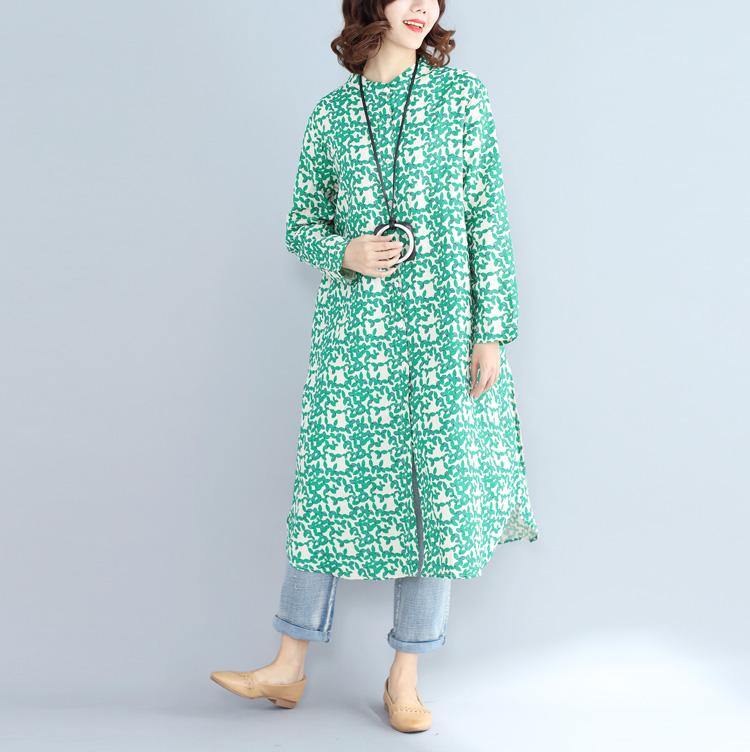 2018green Print Long Cotton Linen Dresses Clothing Stand Cotton Linen Gown Long Sleeve Side Open Baggy Dresses