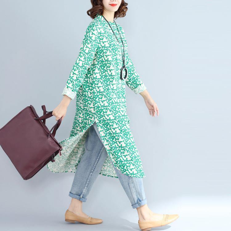 2018green Print Long Cotton Linen Dresses Clothing Stand Cotton Linen Gown Long Sleeve Side Open Baggy Dresses