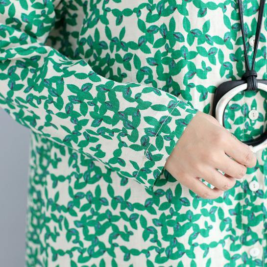 2018green Print Long Cotton Linen Dresses Clothing Stand Cotton Linen Gown Long Sleeve Side Open Baggy Dresses