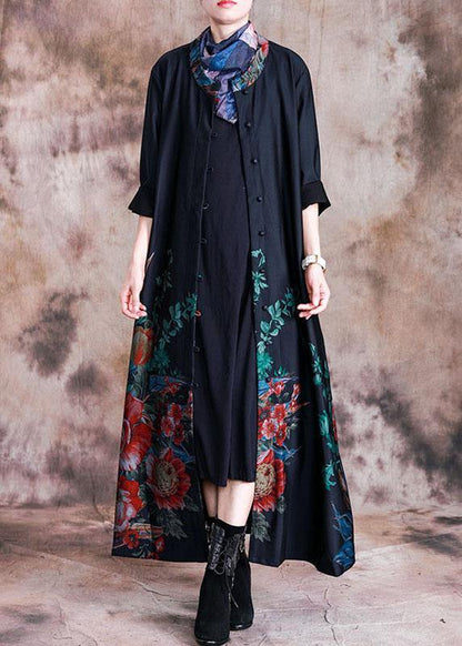 Loose Coats Fall Black Print Button Down Coats