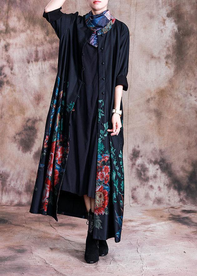 Loose Coats Fall Black Print Button Down Coats