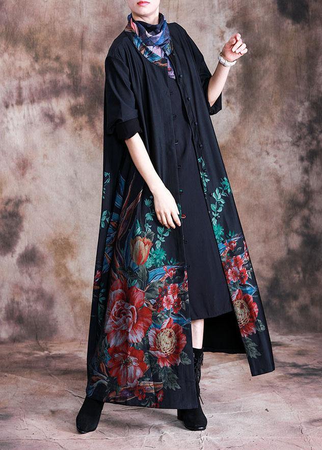Loose Coats Fall Black Print Button Down Coats