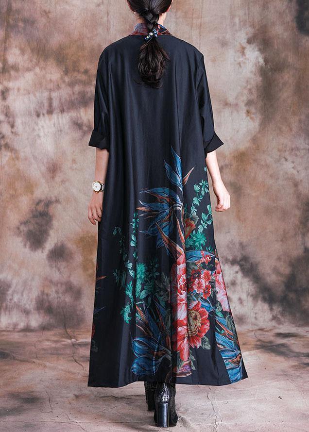 Loose Coats Fall Black Print Button Down Coats
