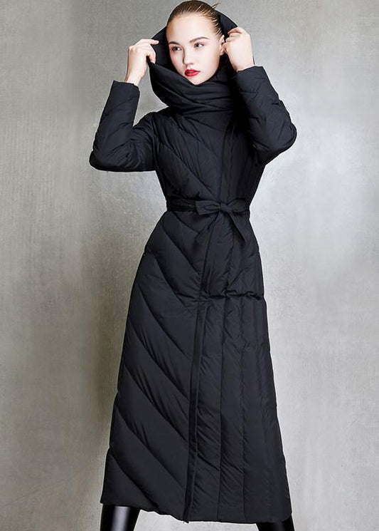 Loose Fitting Parka Hooded Winter Outwear Black Tie Waist Down Coat Winter