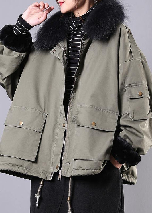 Army Green Outfit Oversize Snow Jackets Pockets Faux Fur Collar Winter Coats