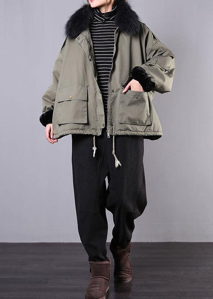 Army Green Outfit Oversize Snow Jackets Pockets Faux Fur Collar Winter Coats