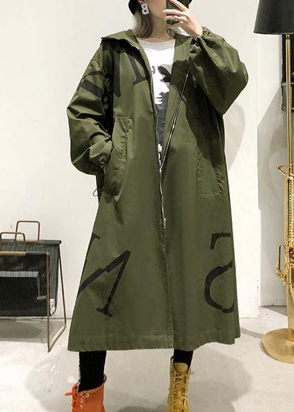 Army Green Coat Long Fall Coat Hooded Pockets Zippered Outwear