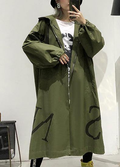Army Green Coat Long Fall Coat Hooded Pockets Zippered Outwear