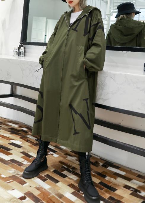 Army Green Coat Long Fall Coat Hooded Pockets Zippered Outwear