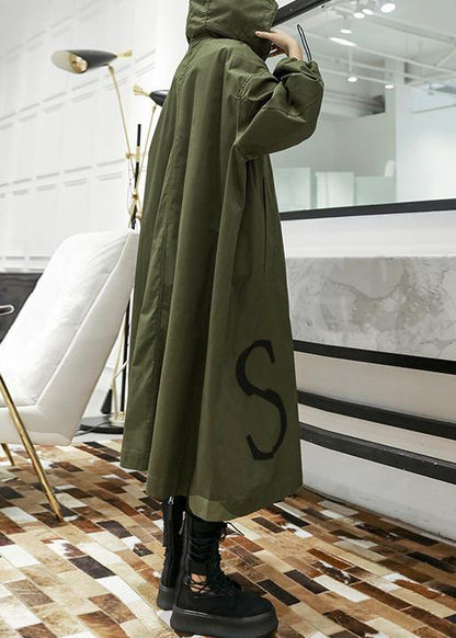 Army Green Coat Long Fall Coat Hooded Pockets Zippered Outwear