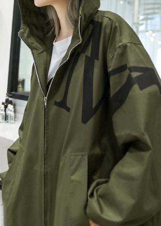Army Green Coat Long Fall Coat Hooded Pockets Zippered Outwear