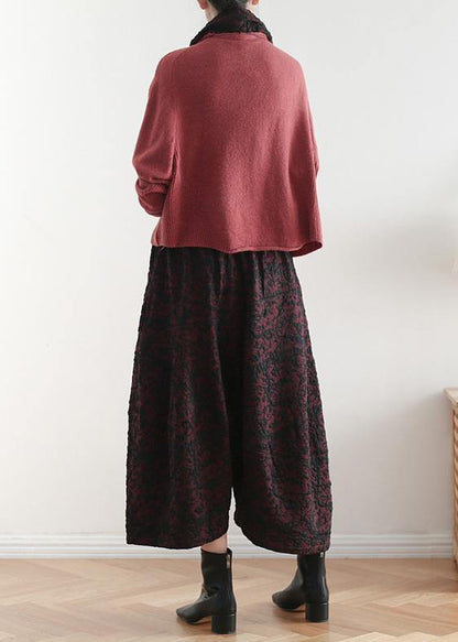 Autumn and Winter Literary Wide Leg Pants Large Size Jacquard Retro Nine Points Red Pants