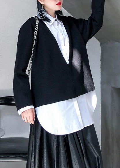 Autumn and Winter New Large Size Long-sleeved V-neck Wool Tops White Shirt Female Two-piece Suit