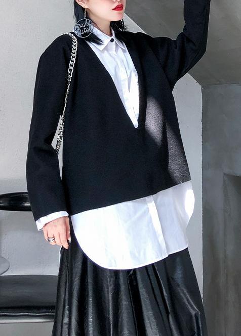 Autumn and Winter New Large Size Long-sleeved V-neck Wool Tops White Shirt Female Two-piece Suit