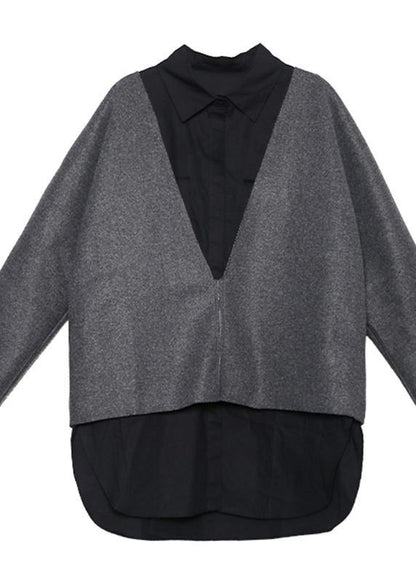 Autumn and Winter New Large Size Long-sleeved V-neck Wool Tops White Shirt Female Two-piece Suit