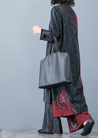 Autumn Large Size Retro Red Print Long Section Cardigan Top Loose Wide Leg Pants Two-piece Suit