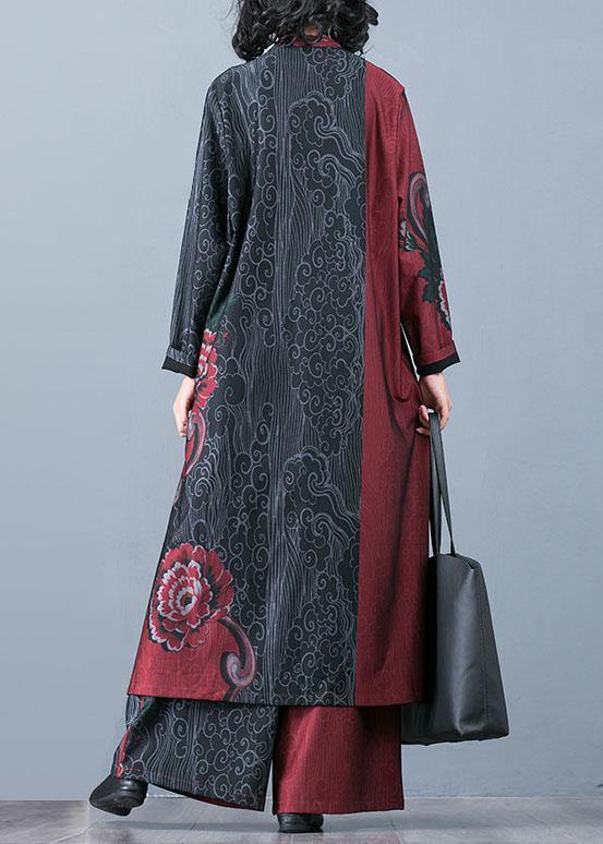 Autumn Large Size Retro Red Print Long Section Cardigan Top Loose Wide Leg Pants Two-piece Suit