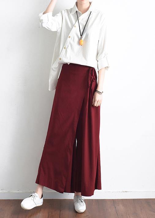 Autumn Original Design Literary Retro Tie Irregular Wide Leg Burgundy Pants