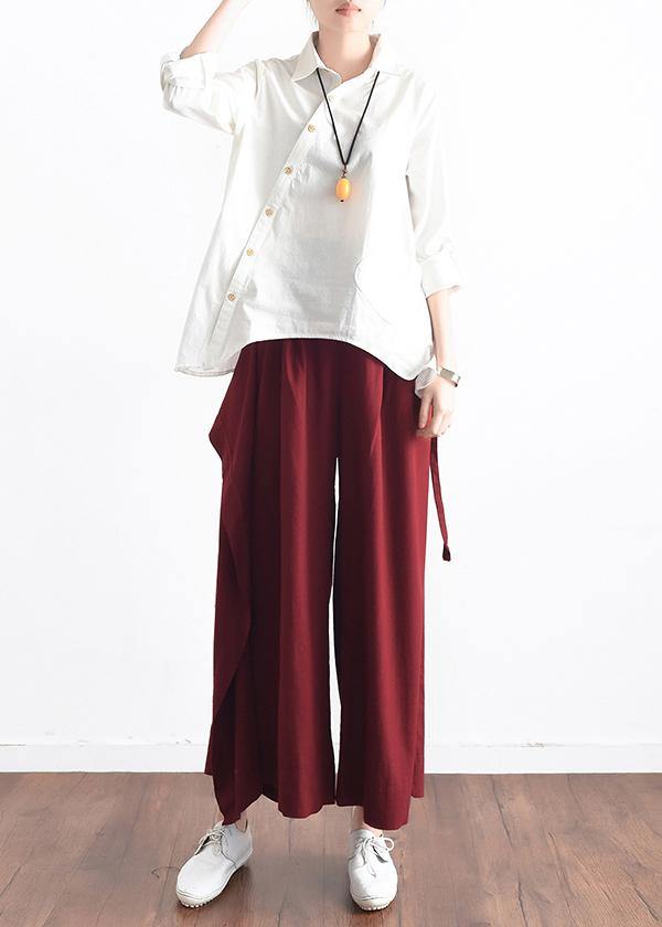 Autumn Original Design Literary Retro Tie Irregular Wide Leg Burgundy Pants