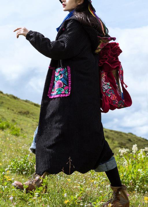 Black Parkas for Jackets & Coats Embroidery Ruffles Hem Outwear