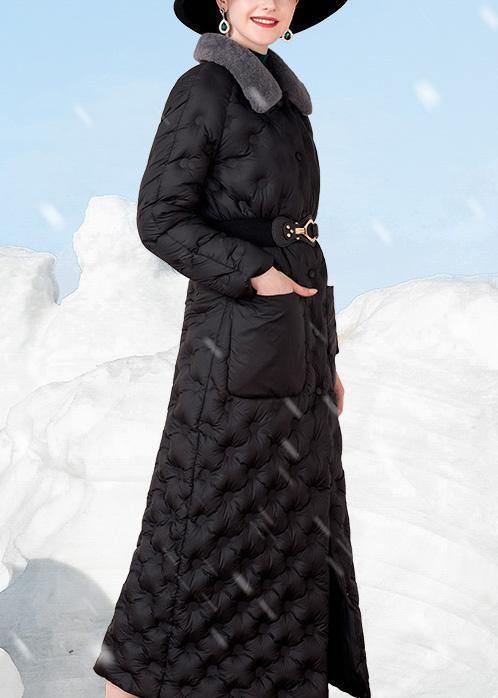 Black Down Coat Winter Rabbit Wool Collar Winter Jacket Pockets Winter Outwear