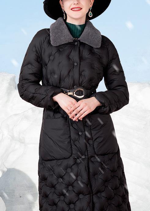 Black Down Coat Winter Rabbit Wool Collar Winter Jacket Pockets Winter Outwear