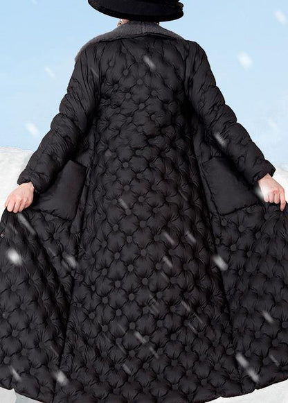 Black Down Coat Winter Rabbit Wool Collar Winter Jacket Pockets Winter Outwear