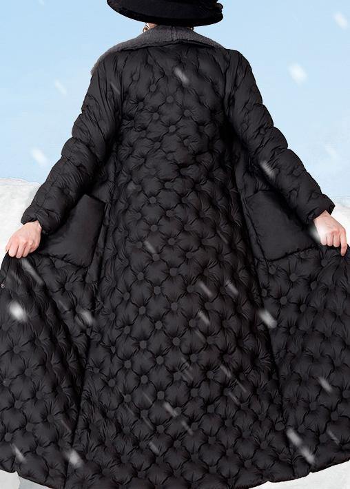 Black Down Coat Winter Rabbit Wool Collar Winter Jacket Pockets Winter Outwear