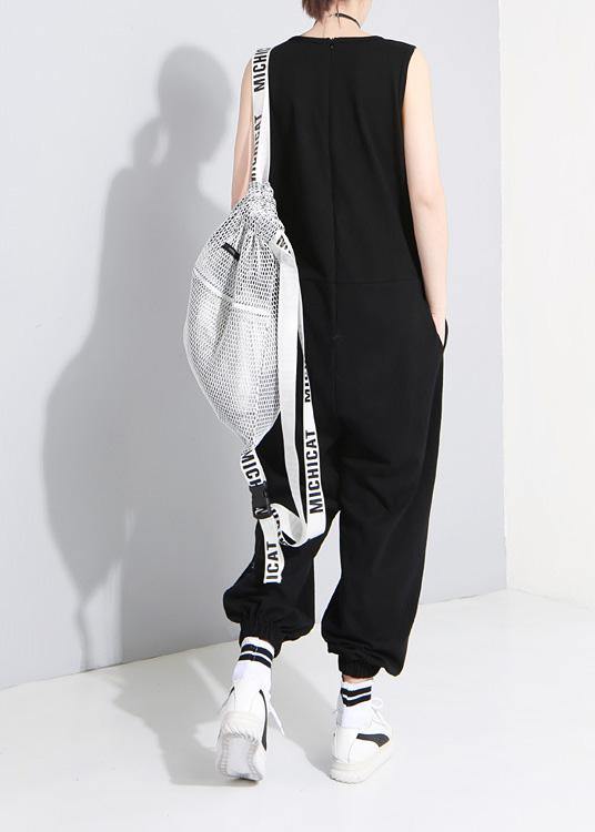 Black Cotton Linen Sleeveless Tops Jumpsuit Pants